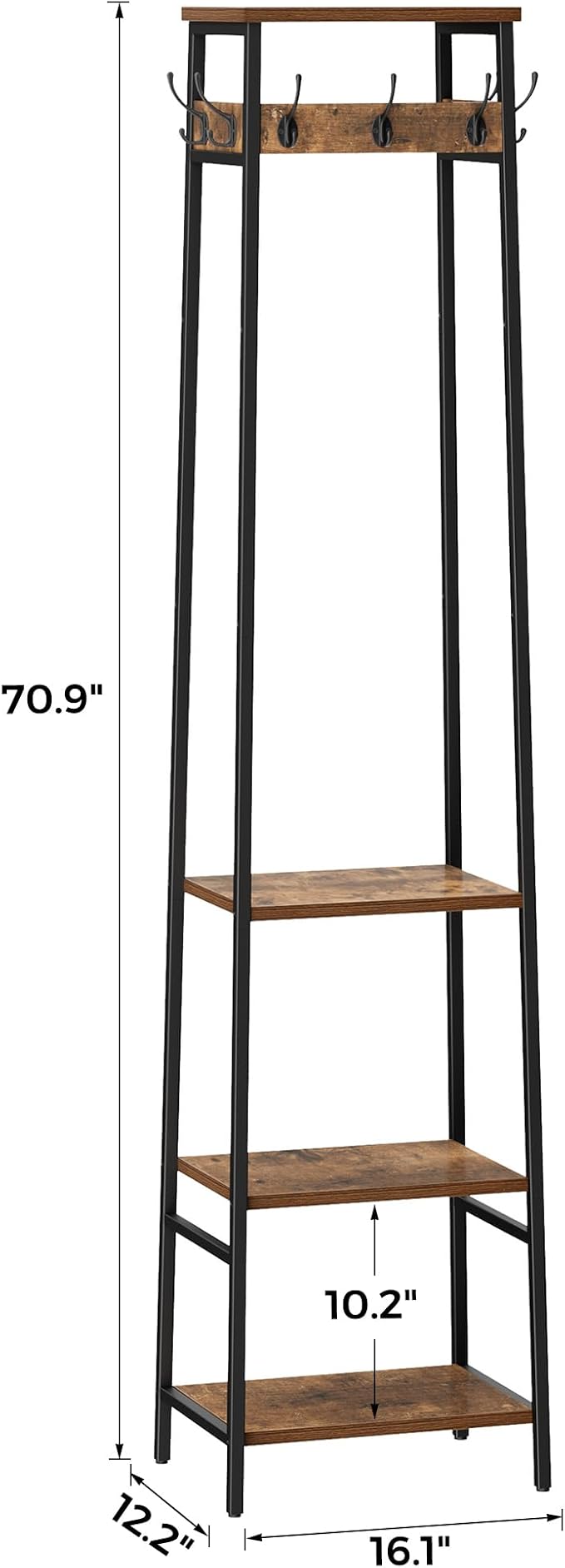 Coat Rack Freestanding, Coat Stand with 3 Shelves and 7 Hooks, Hall Tree Free Standing, Clothes Rack Stand Organizer, Industrial Style, Rustic Brown and Black - Image 4