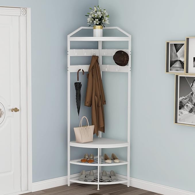 GiftGo Corner Hall Tree with Shoe Bench Entryway Coat Rack with 10 Metal Movable Hooks Freestanding Clothes Rack Shoes Shelf Organizer for Home Office Bedroom (White) - Image 7
