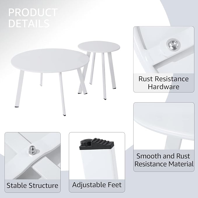 Meluvici Outdoor Patio Coffee Table Set of 2, Weather Resistant End Table, Round Nesting Tables for Living Room Balcony Office, White - Image 5