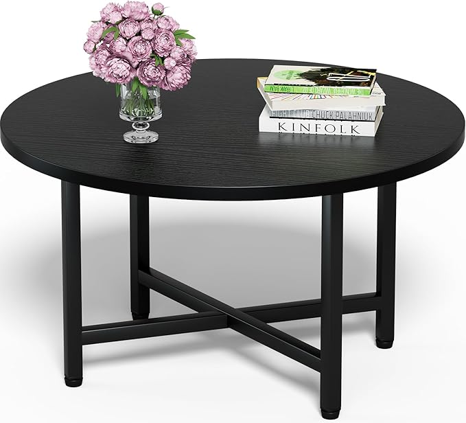 Coffee Table, 23.6" Coffee Tables for Living Room, Round Coffee Table with Metal Frame, Floor Table for Sitting on The Floor, Home, Office, Black
