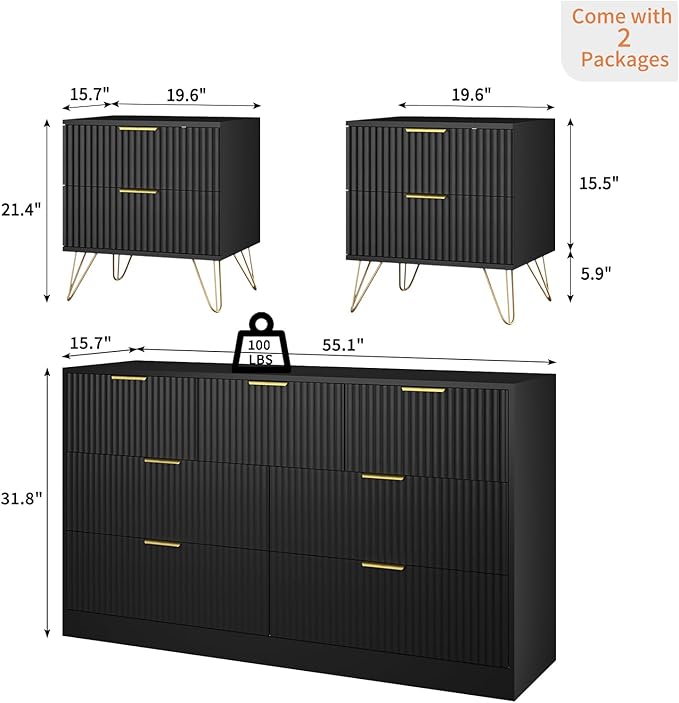 7 Drawer Dresser and Nightstand Sets, 3 Pcs Bedroom Set for Bedroom, Fluted Night Stand Set of 2 & 55" Wide Dresser w/Gold Handles, Modern Wood Chest of Drawers Storage Cabinet Set, Black