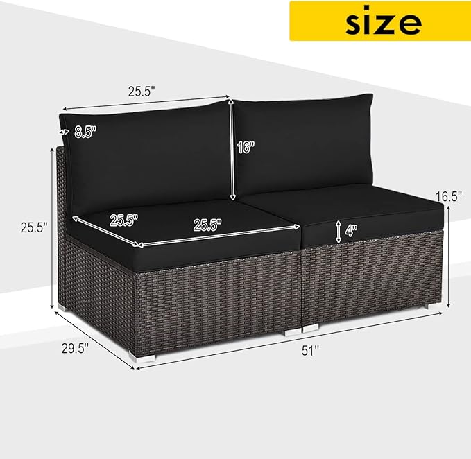 Tangkula 2 PCS Outdoor Wicker Armless Sofa, Patio Rattan Sectional Sofa Set w/2 Thick Seat Cushions and 2 Back Cushions, Additional Seats for Balcony Garden Patio Poolside (Brown)
