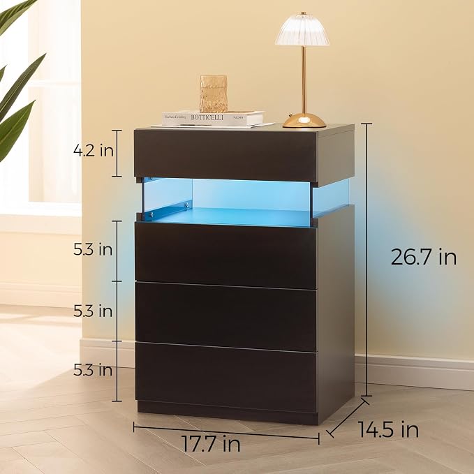 Bingoday Black LED Nightstands Set of 2,Modern Night Stand with 4 Drawers,Tall Nightstand,Large Capacity,Multi-Color LED Lights,End Side Table for Bedroom - Image 2