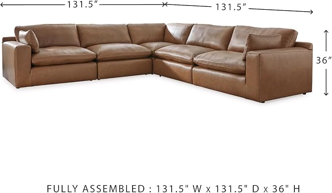 Signature Design by Ashley Emilia Modern Modular Leather Match 5-Piece Sectional with Loose Back Cushions and 2 Bolster Pillows, Light Brown