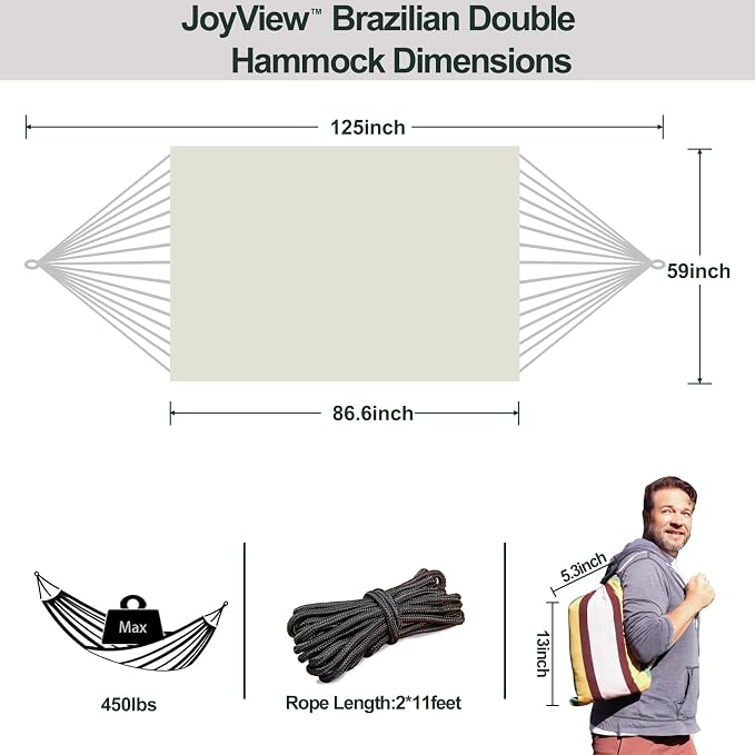 JoyView Brazilian Double Hammock with Hanging Ropes Extra Large 86.6x59” Portable Cotton Hammock for Patio Backyard Porch 450LBS Weight Capacity Perfect for Outdoor/Indoor - Natural White - Image 2