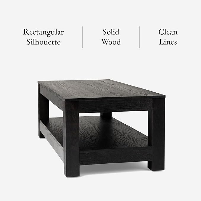 Maven Lane Paulo Coffee Table – 18 Inch Rectange Table with Storage – Black Solid Wood – Ideal for Living Room and Lounge