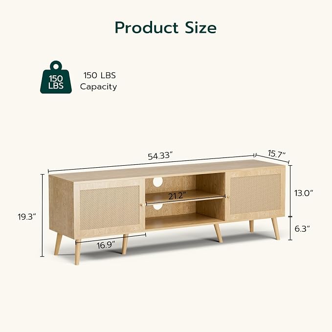 ZttRiee TV Stand for TVs up to 65'', Entertainment Center With Rattan Door, Shelves & 2 Cabinets, Long Boho Media Console for Living Room, Natural - Image 2