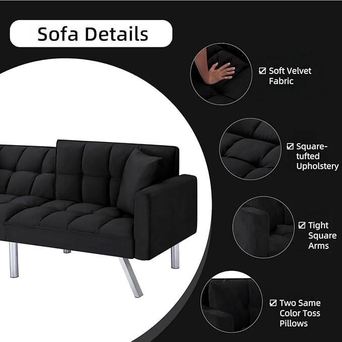 Convertible Futon Sofa Bed, 74 Inch Sleeper Couch Bed with Velvet Upholstery, Sofa Couch with Adjustable Backrest Pillows, Square Tufted Design for Living Room Home Office, Black