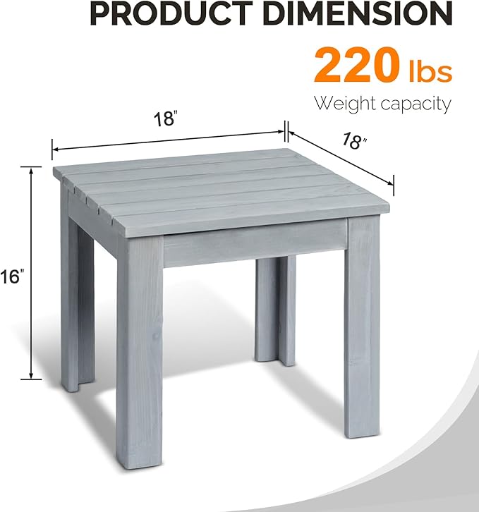 VINGLI Outdoor Wooden Side Table, Square Patio Side Table, Small Outdoor Table for Patio, Backyard, Garden, Poolside, Balcony, Adirondack Conversation End Table (Grey) - Image 3