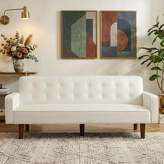 Modern PU Leather 3-Seat Couch, Adjustable Backrest Convertable Sofa, Sleek Minimalist Fold Out Couch Loveseat with Armrests, Sofa for Living Room Home Office Spaces, White