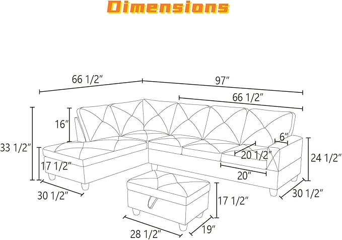FONTOI L Shaped Sectional Couch with Otttoman, 97" Leather Sectional Sofa for Living Room Modular Couches with Cup Holders for Bedroom, Apartments, Ginger