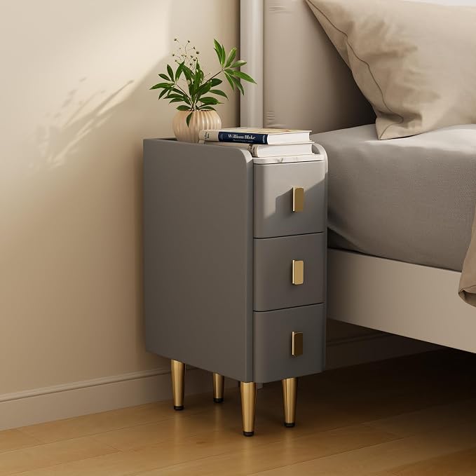 AQIMUELE Narrow Nightstand with Drawers, Narrow Side Table Leather, Small Bedside Tables for Bedroom. (Dark Gray) by AQIMUELE