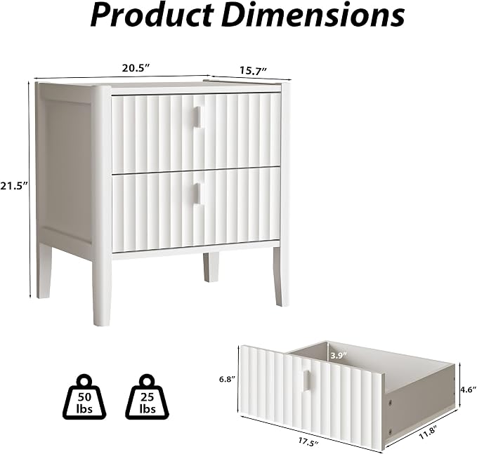 White Nightstand Set of 2, Modern Nightstand with 2 Drawers Storage, Fluted Bedside Table with Metal Handle, Wooden Night Stand for Bedroom - Image 2