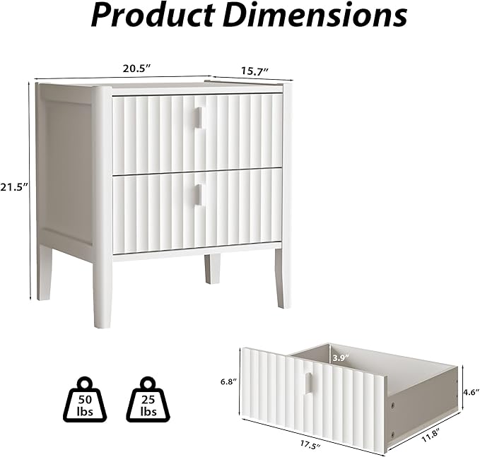MAISONARIA 3-Piece Dresser Bedroom Set, 4 Drawer Dresser & 2 Drawer Nightstands with Metal Handles, Fluted Wood Chest of Drawers for Bedroom, Living Room, Entryway, White