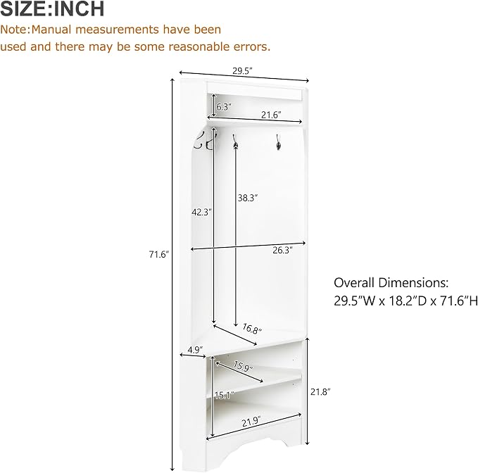 Harper & Bright Designs Minimalist Corner Hall Tree with Shoe Bench, Versatile Entryway Coat Rack with 4 Hooks, Corner Cabinet with Adjustable Shelf for Hallway, Living Room, White, 29.5''W*71.6''H - Image 6