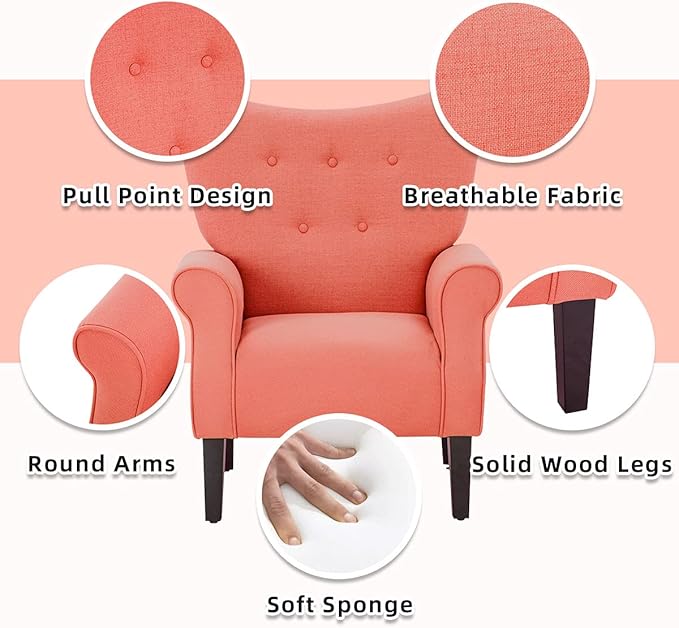 YOLENY Modern Accent Chair,High Back Armchair,Upholstered Fabric Button Single Sofa with Wooden Legs for Living Room,Bedroom,Club,Red