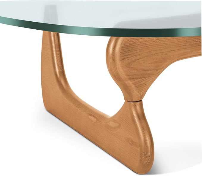 Triangle Glass Coffee Table Vintage Glass End Table, Solid Wood Base and Triangle Clear Glass Top Modern End Table for Living Room, Patio, Study (Light Walnut)