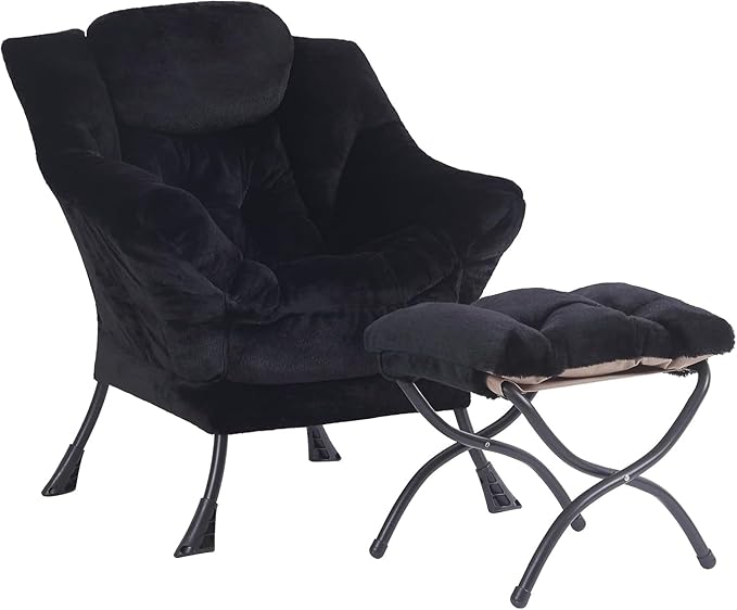 Plush Black Lazy Chair with Ottoman, Large Contemporary Accent Chair with Side Pocket, Modern Leisure Upholstered Reading Armchair with Footrest for Office, Bedroom, Living Room, Balcony