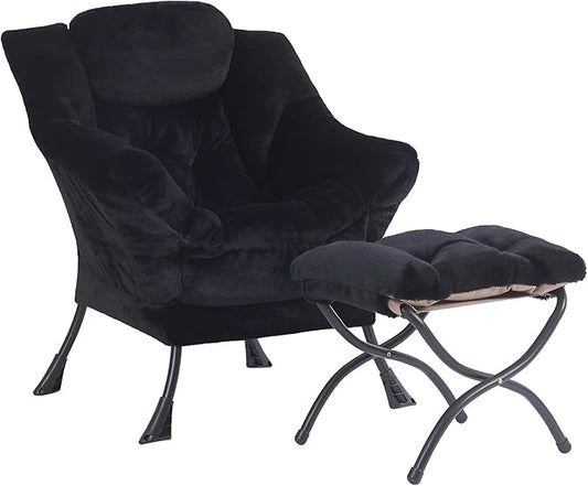 Plush Black Lazy Chair with Ottoman, Large Contemporary Accent Chair with Side Pocket, Modern Leisure Upholstered Reading Armchair with Footrest for Office, Bedroom, Living Room, Balcony