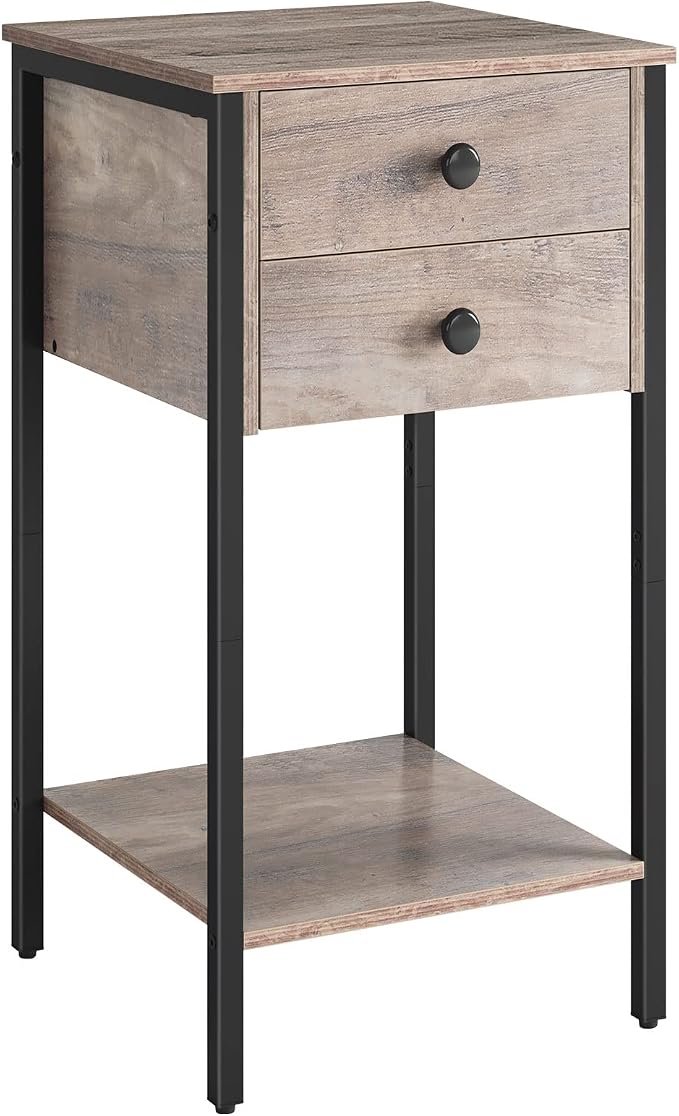 HOOBRO Tall Nightstand, End Table with 2 Drawers and Storage Shelf, Industrial Telephone Side Table for Study, Bedroom, Space Saving, Easy Assembly, Greige and Black BG72BZ01 by HOOBRO
