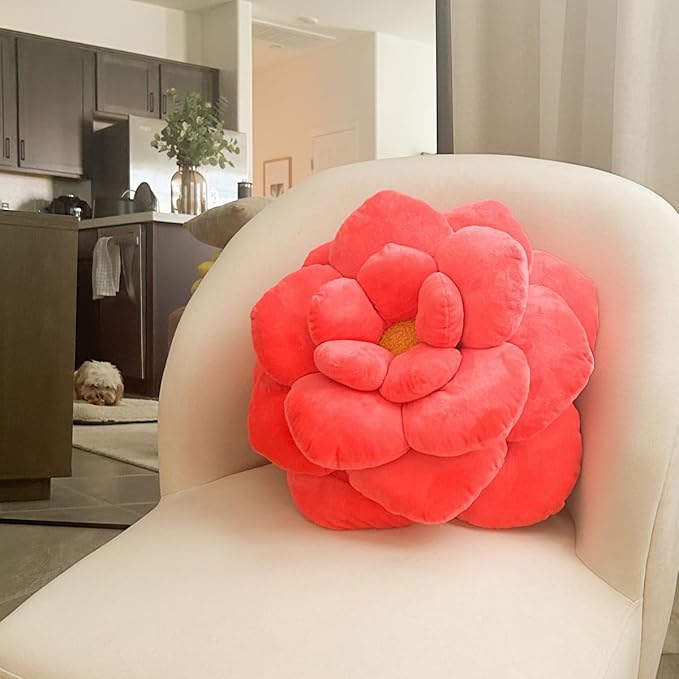 Green Philosophy Co. Camellia Plush Flower Pillow – Large Soft 3D Flower Shaped Throw Pillow, Neon Coral Decorative Pillow for Couch & Bed, for Plant Lovers
