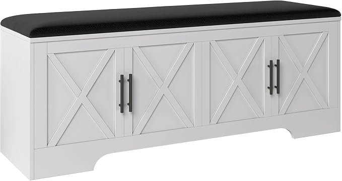 DreamDashio Farmhouse Storage Bench with Lift Top Storage, 47.2" Entryway Bench with Cushioned Seat, End of Bed Bench, Wooden Storage Chest Trunks, for Entryway, Bedroom, Living Room,White - Image 3
