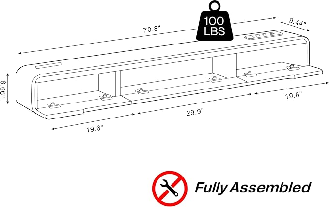 basenji Fully-Assembled Floating TV Stand - 70.8" Wall Mounted TV Stand with Power Outlet | High Gloss Modern Floating Entertainment Center Media Console for Living Room, Bedroom - White - Image 2