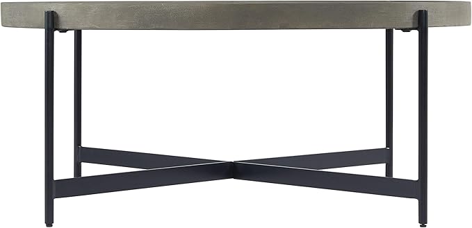 Alaterre Furniture Brookline 42-Inch Round Concrete-Coated Wood Coffee Table with Tray Top and Black Iron Legs – Industrial Farmhouse Living Room Accent Table with X-Frame Base