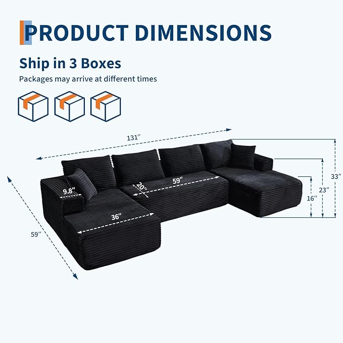 Boneless Couch U Shaped Sectional 130'' Modern Modular Cloud Couch with 2 Chaise Lounge, 4-Seat Corduroy Deep Seat Sofa with Pillows for Living Room