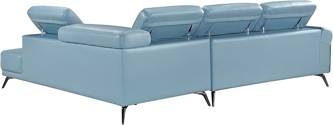 Lexicon L-Shaped Sectional Couch with Right Chaise, Top Grain Leather Match Sectional Sofa, Adjustable Headrests, Black Chrome Metal Legs, High-Density Cushions, Stitching, for Living Room, Blue
