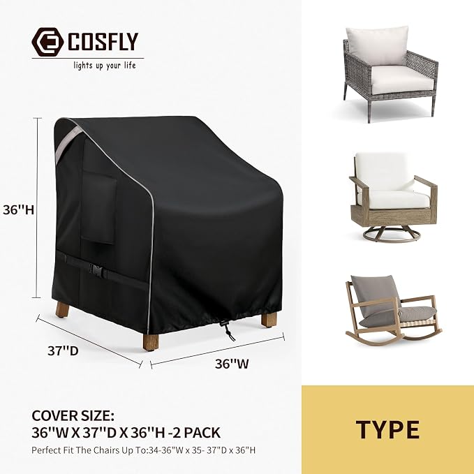COSFLY Outdoor Patio Chair Covers Waterproof, Heavy-Duty UV-Resistant Furniture Covers, Adjustable Fit with Buckle Straps, Fits Chairs up to 36" W x 37" D x 36" H (2-Pack, Black) - Image 2