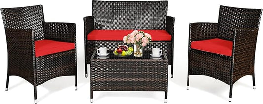 COSTWAY 4PCS Rattan Patio Furniture Set, Outdoor Wicker Rattan Chairs with Coffee Table, Rattan Cushioned Conversation Set for Backyard Balcony Porch Poolside, Red