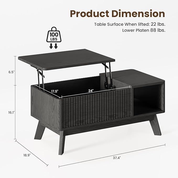 Wood Lift Top Coffee Table with Hidden Compartment and Large Storage Shelf, Lift Tabletop Dining Center Table for Home Living Room Office,Black