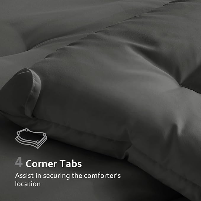 Comforters Queen Size, All Season Quilted Bed Comforter, Ultra-Soft Down Alternative Duvet Insert with 4 Tabs, Lightweight Bedding Blanket - Machine Washable, Dark Gray