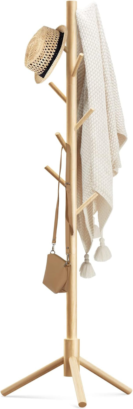 Haddockway Wooden Coat Rack Stand with 8 Hooks New Zealand Pine 3 Adjustable Coat Standing Tree Easy Assembly for Coats, Hats, Scarves and Handbags for Entryway, Hallway, Bedroom, Office by Haddockway