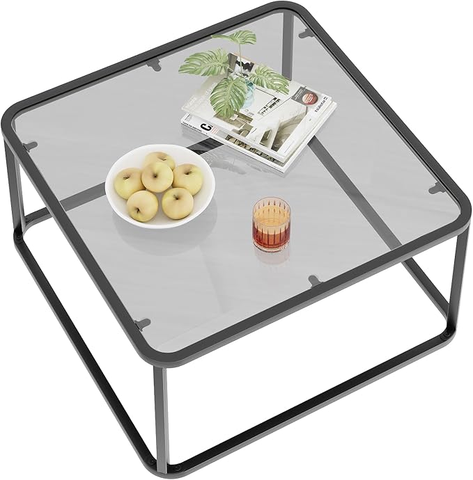 Coffee Table Glass, Minimalist Square Tables for Living Room, Modern Center Table for Office or Small Space, Sturdy Metal Frame, Easy Assembly, 26.4 x 26.4 x 15.7 Inches, Black & Grey Glass