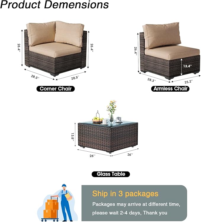 7 Pieces Patio Furniture Set, Rattan Outdoor Sectional Conversation Sets, All Weather Outdoor Furniture Set with Cushions for Garden Lawn Balcony Porch Deck Beige