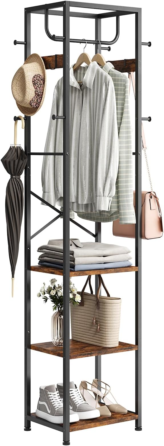 ELYKEN Coat Rack Freestanding, Hall Tree with 3 Storage Shelves and 12 Hooks, Industrial Clothes Rack Stand Organizer for Bedroom, Hallway, Entryway, Office, Living Room, Rustic Brown by ELYKEN