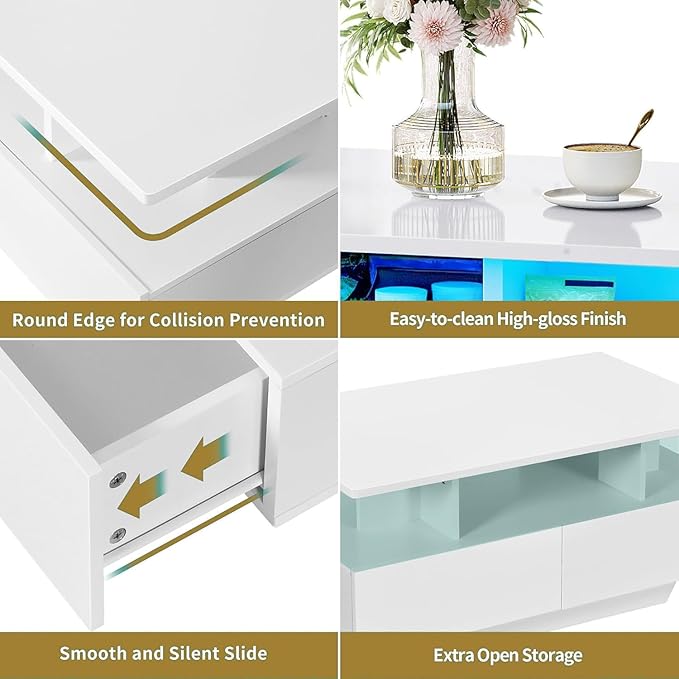 DWVO LED Coffee Table with Storage 4 Drawers, Modern High Glossy Coffee Tables for Living Room, White Rectangle Coffee Table Small Center Table with Open Display Shelf & Sliding Drawers, White