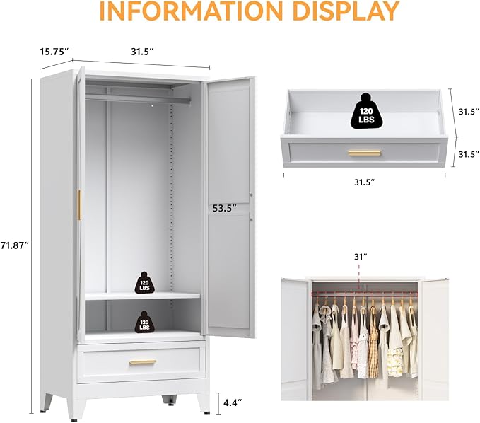 COFaR 71 Farmhouse Metal Wardrobe Closet with Hanging Rod, 2 Barn Doors, Adjustable Shelves, Steel Armoire with Drawer for Home, Bedroom White