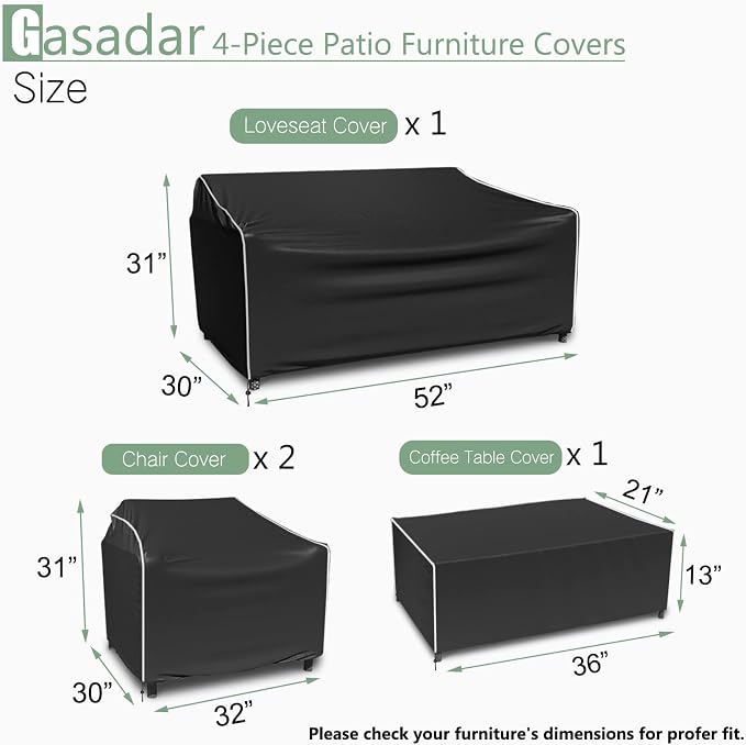 Gasadar Patio Furniture Covers Set, 4 Piece Waterproof Outdoor Furniture Cover for Outdoor Coffee Table, Chair, and Loveseat, Heavy Duty 600D, Black - Image 2