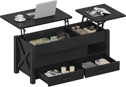 Seventable Coffee Table, 39.3" Lift Top Coffee Table with 2 Storage Drawers and Hidden Compartment, X Wood Farmhouse Support, Retro Center Table with Lift Tabletop for Living Room,Black