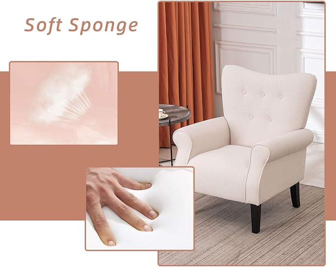 YOLENY Modern Accent Chair,High Back Armchair,Upholstered Fabric Button Single Sofa with Wooden Legs for Living Room,Bedroom,Club,Beige
