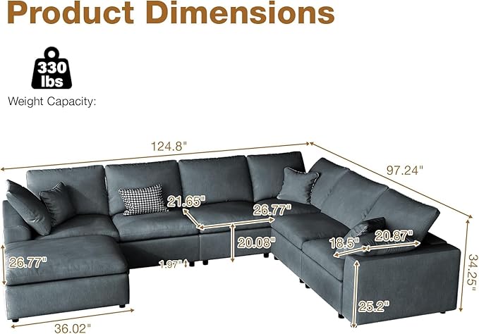 ERYE Oversized Modular Chenille Upholstered Sectional Sofa with Movable Ottoman, 7 Seaters Modular Convertible Couch Spacious Living Room Sofa for Home House Apartment