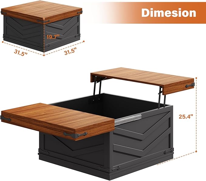 31.5'' Lift Top Coffee Table, Sliding Top Square Center Table with Large Hidden Storage Organizer, Multi-Functional Farmhouse Coffee Tables for Living Room, Bedroom, Home Office, Black