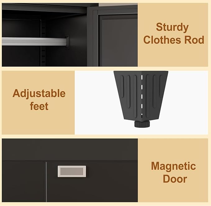 Metal Armoire Wardrobe Closet Storage Cabinet with Mirror Black, 71'' Wardrobe Cabinet with Hanging Rod Metal Closet with 2 Adjustable Shelves for Bedroom, Laundry Room, Cloak Room