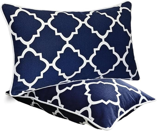 JMGBird Water-Resistant Outdoor Pillows Set of 2, 12x20 inch Durable Navy Blue Grid Pattern Throw Pillows with Inserts for Patio Furniture