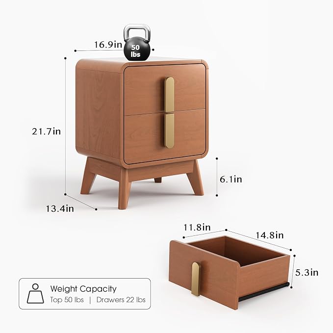 Mid Century Modern Nightstand Set of 2, Wood Bedside Table with 2 Drawers and Metal Handles, Curved Design, Night Stand Set 2 for Bedroom, Cherry - Image 2