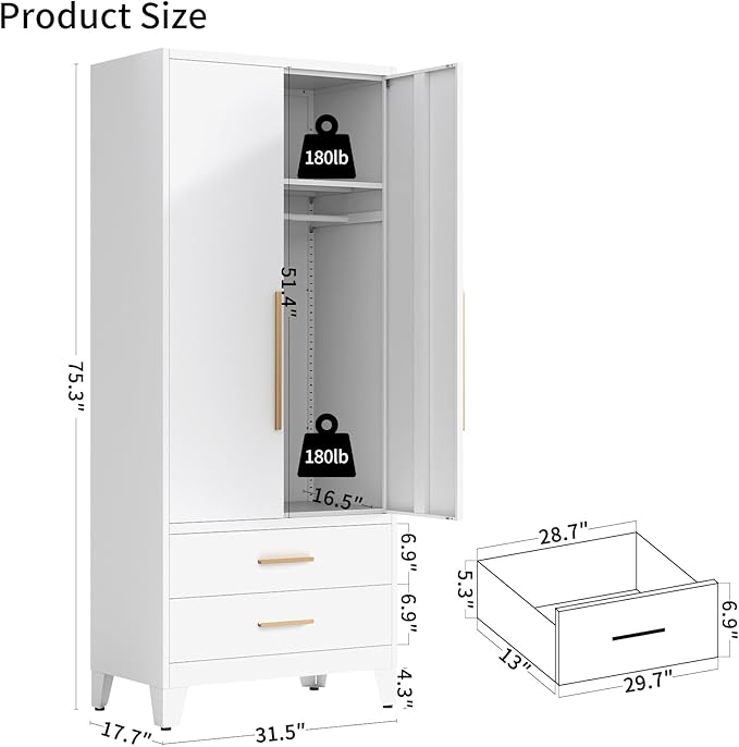 75.3" Tall Metal Armoire Wardrobe Closet with 2 Doors and 2 Drawers, Adjustable Hanging Rod and Adjustable Shelf, Freestanding Storage Cabinet Organizer for Bedroom, Office, Laundry Room，White