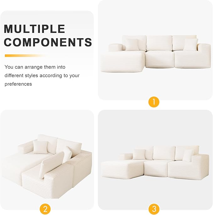 104" Modular Sectional Sofa with L-Shape Chaise, Modern Upholstered Cloud Couches for Living Room Bedroom, No Assembly Required, Cream